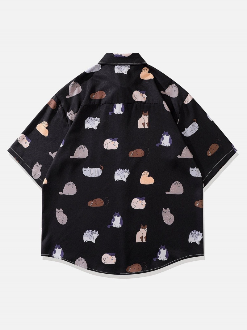 Noir  Chemise à Manches Courtes Aelfric Eden Cute Cartoon Cat Print - EBM-6751874